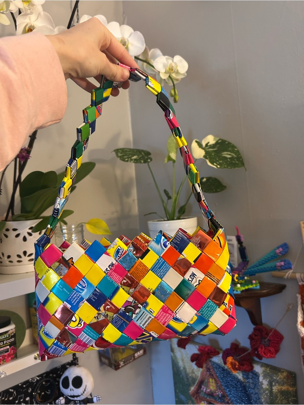 Handwoven Multicolor Patchwork Shoulder Bag - Vibrant Recycled Design
